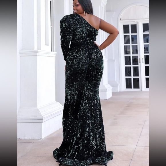 Seomiscky Plus Size One Shoulder Dress Green Sequin Dress - Picture 4 of 9